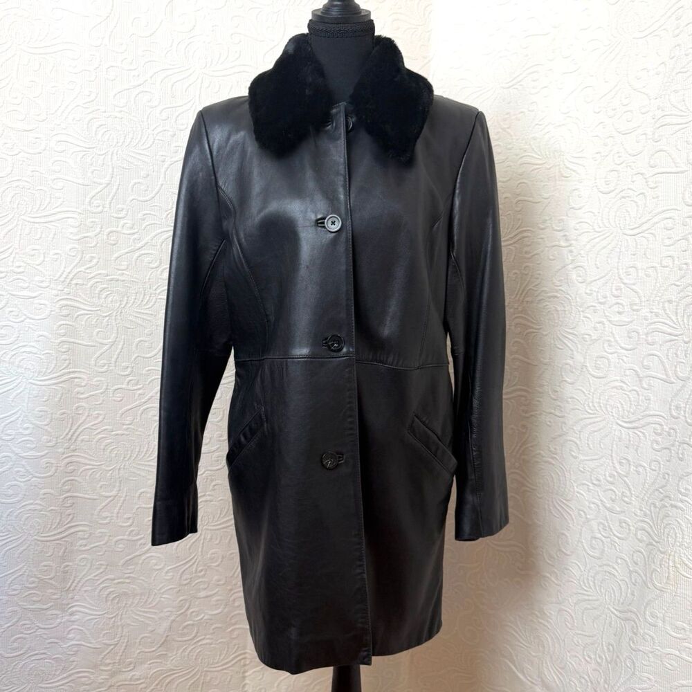 Alfani Y2K Black Genuine Leather Coat Jacket Removable Fur Collar Women M